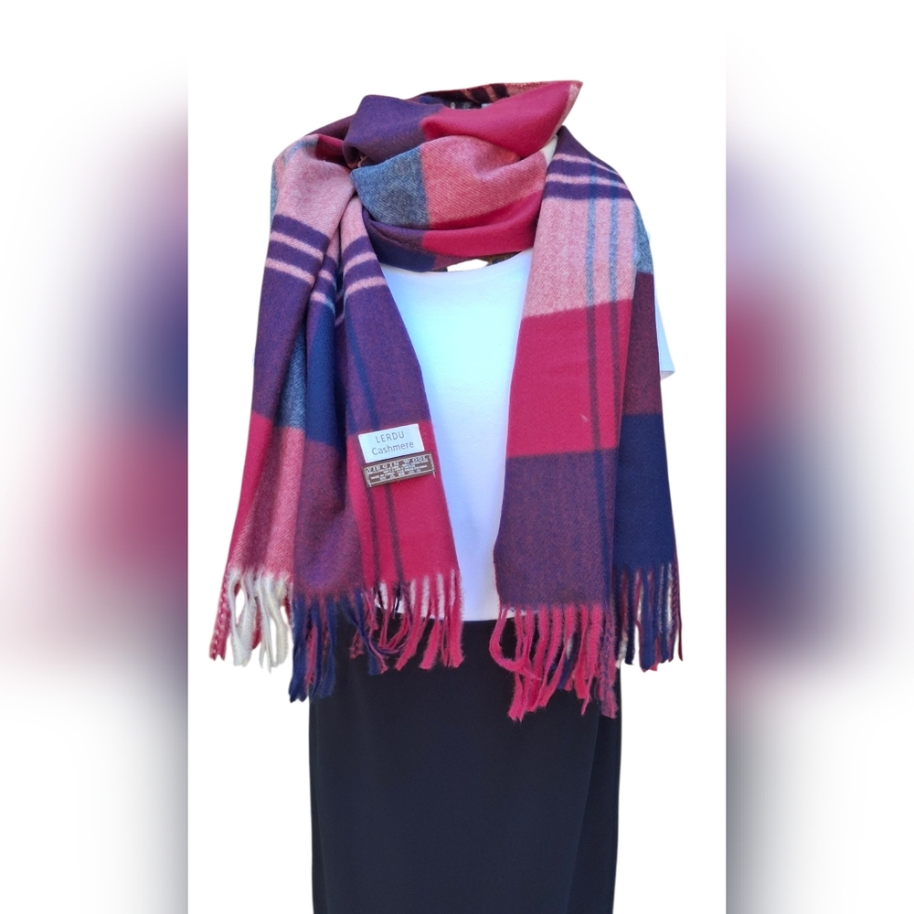 Lerdu Virgin Wool Cashmere Blue/Red/White Tartan Plaid Scarf Shawl Stole